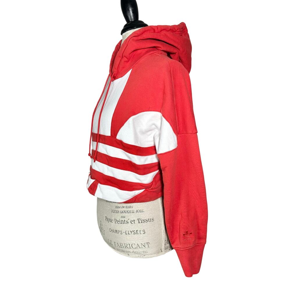 adidas | Women | Red White Big Trefoil Cropped Sporty Hooded Sweatshirt | Small - Picture 4 of 15